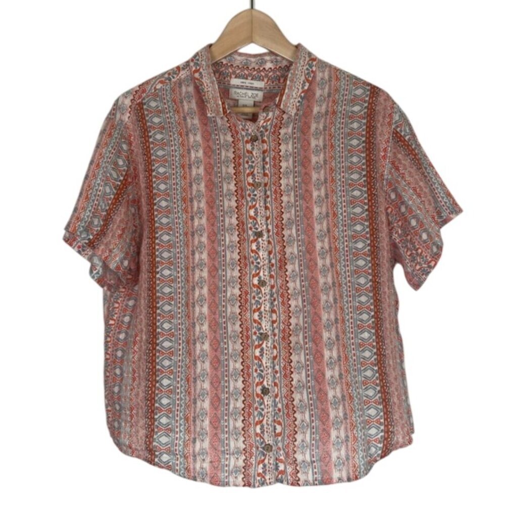 Rachel Zoe Linen Short Sleeves Button Down Shirt Sz M Wooded Buttons Tribal Boho